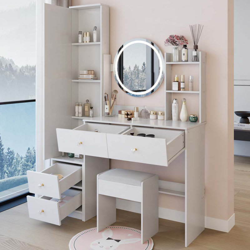 Bureau de maquillage avec miroir, lumières DEL et tabouret pour les chambres à coucher et les salles de bain modernes, Blanc