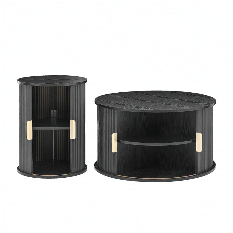 Mid-Century Modern Coffee Table Set with Sliding Tambour Door and Round End Table with Storage, Fluted Design & Golden Handles, Set of 2 Living Room Tables