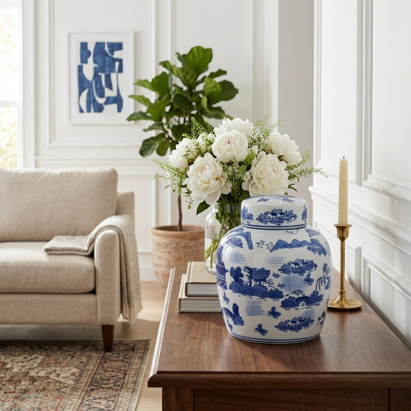 Stoneware Ceramic Chinoiserie Decorative Container with Lid