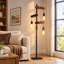 Lampadaire industriel en bois noir et naturel de 173 cm (68 po) avec trois lumières et variateur