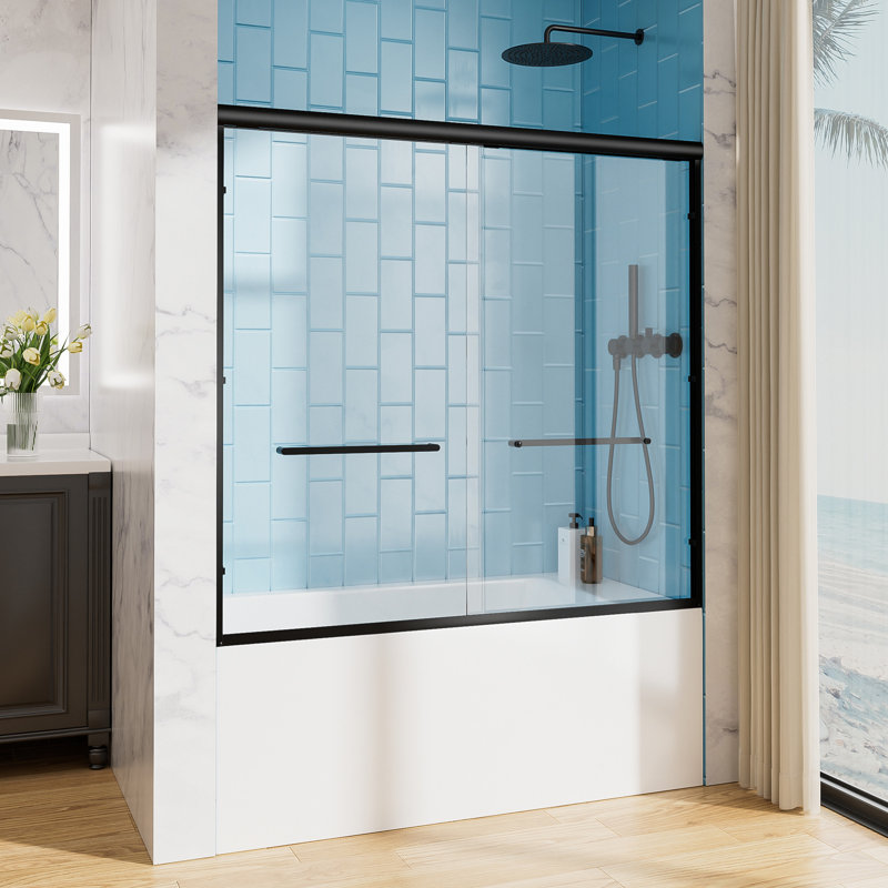 60" W X 57" H Aluminum Frame Double Sliding Shower Door, Soft-Close Bathtub Door, 1/4" (6Mm) Clear Nano-Coated Tempered Glass, Dual Stainless Steel Handles