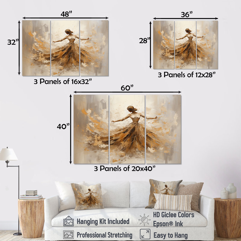 Danse de ballet beige et dorée - ensemble d'art mural sur toile, H 32 po x l 48 po