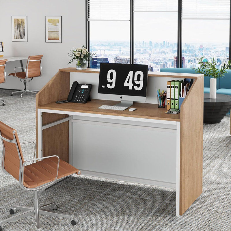 Bureau de réception avec comptoir - Chêne - Bureau moderne de 47 po avec œillets, caisse de vente au détail / hall d'entrée / salon de beauté / bureau personnel