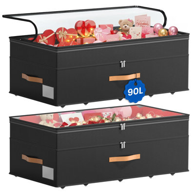 Rangement sous le lit avec roulettes, paquet de 2, 11 po, 90 L, grands bacs de rangement réglables, noir