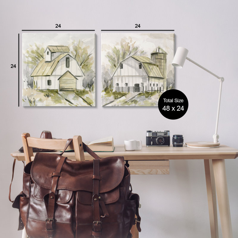 Croquis, dessin, grange, silo, ensemble de 2 toiles murales par Melissa Wang, H 24 po x l 24 po