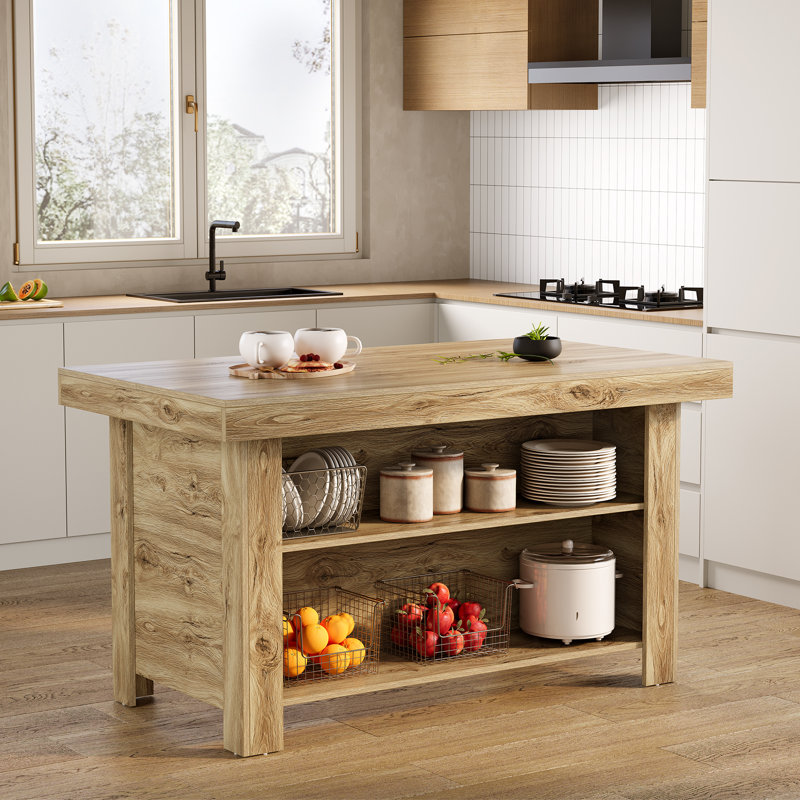 55" Kitchen Island With Storage, Farmhouse Island Table Counter Height Bar Table, Oak