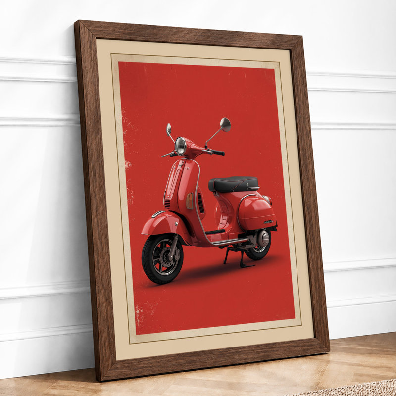 Red Vespa Scooter Retro - Framed Print, Walnut, A3 - 42.0 x 29.7 cm