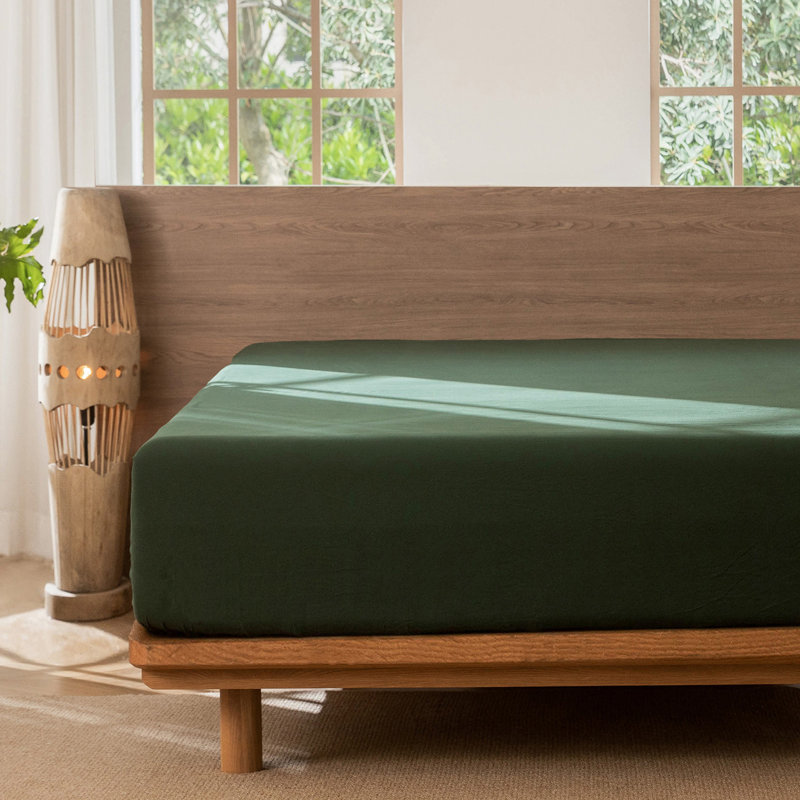 Drap-housse MooMee 100% coton lavé extra profond, Grand lit , Vert forêt