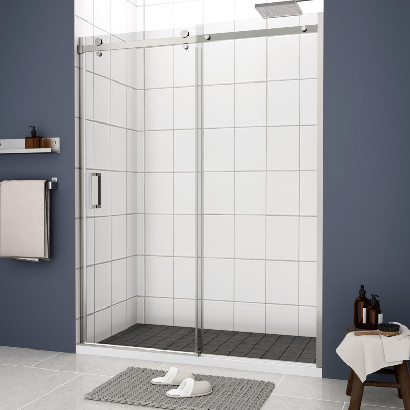 Sliding Shower Door With 5/16" Tempered Glass And Waterproof Function - Bathroom Space, Brushed Nickel