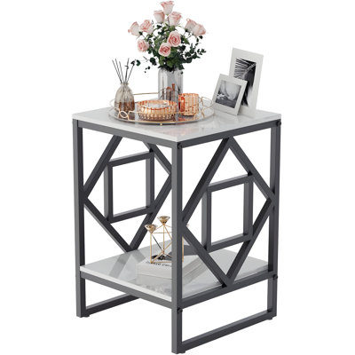 Modern Sintered Stone Side Table With Geometric Metal Frame - Durable Two-Tier Coffee Table For Living Room Or Bedroom