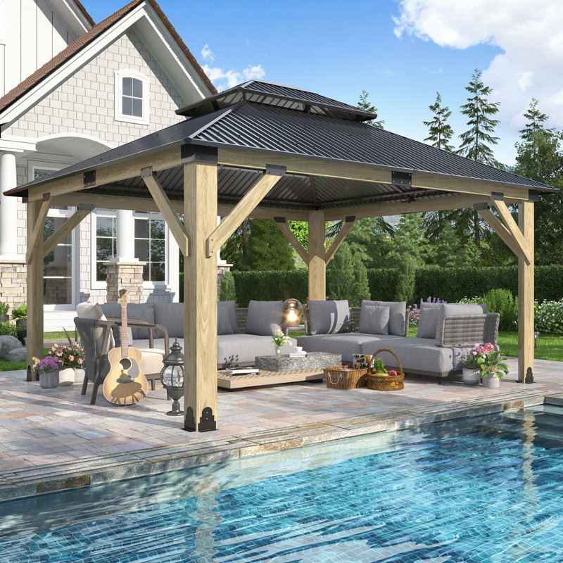 Pavillon de jardin en bois de cèdre de patio avec toit en acier galvanisé, H 10,1 pi x l 15 pi x P 13 pi