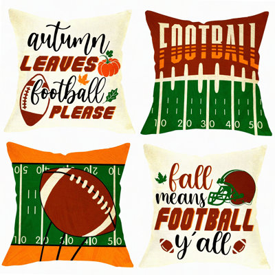 Autumn Touchdown Decorative Pillow Cover Set - Fall Leaves Football Quote Cushion Case - Pumpkin Maple Soccer Lover Decoration - Sofa Couch