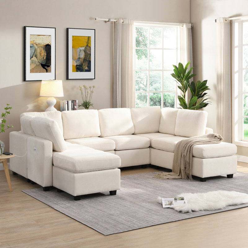 Canapé-lit modulaire de 103 po avec deux repose-pieds mobiles et trois ports USB, Beige