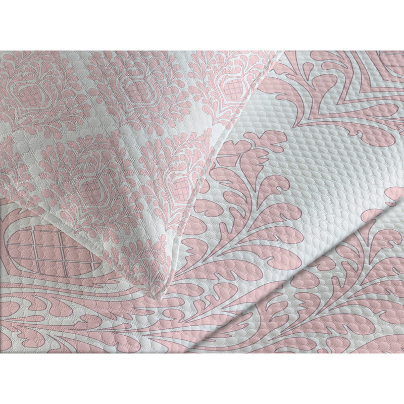 Ambesonne Damask Bedspread Set Pink Victorian Pattern White Pink, King Coverlet / Bedspread + 2 Standard Shams