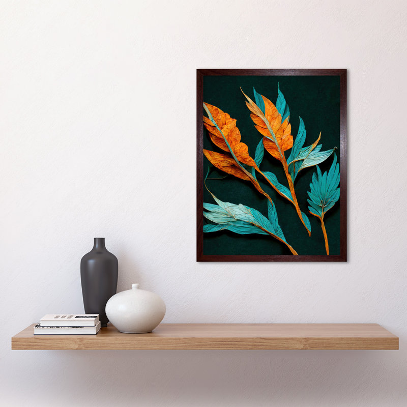 Modern Detailed Bright Dried Leaves - Print, Brown Framed Paper, 43cm H x 33cm W