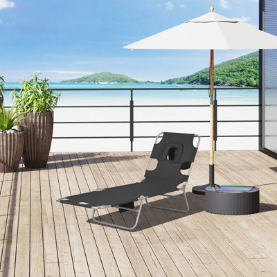 Méridienne de jardin réglable à 5 niveaux avec trou pour le visage, poches d'accoudoir et oreiller, fentes pour accoudoirs de chaise longue noire, coussin pour la plage,