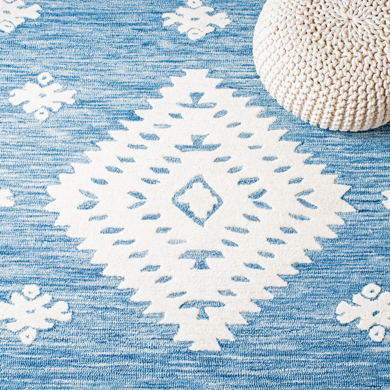 Hand Tufted Wool/Cotton Southwestern Rug in Blue, Rectangle 3' x 5'