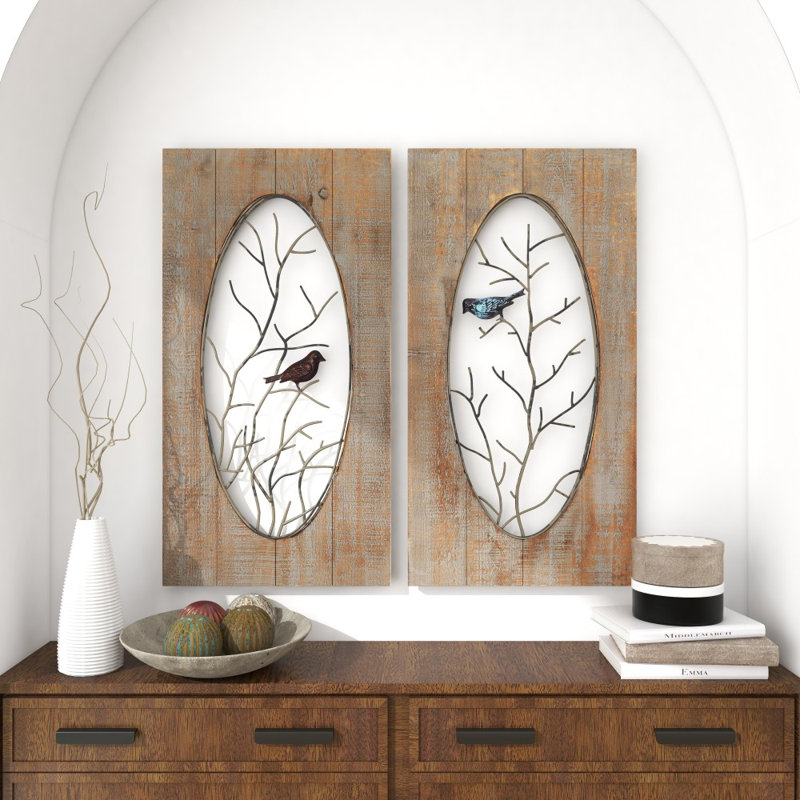 Wood Bird Brown Wall Decor with Tree Branches