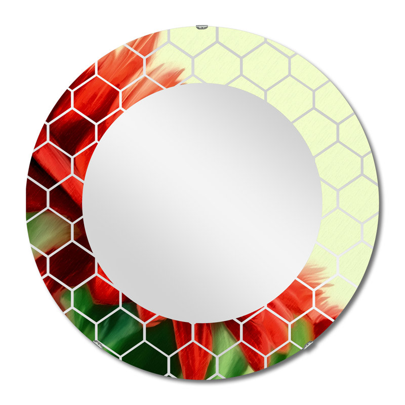 Miroir mural traditionnel rouge floral rouge sur vert, 32 po x 32 po