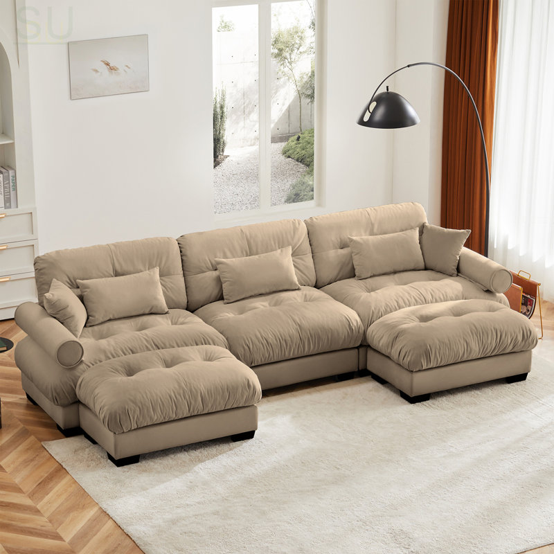 U Shape Modular Sectional Sofa Couch With Two Movable Ottomans, Modern 3 Seat Corner Sofa With Waist Pillows And Bolstered Armrests, Convertible L Shaped Couch For Living Room