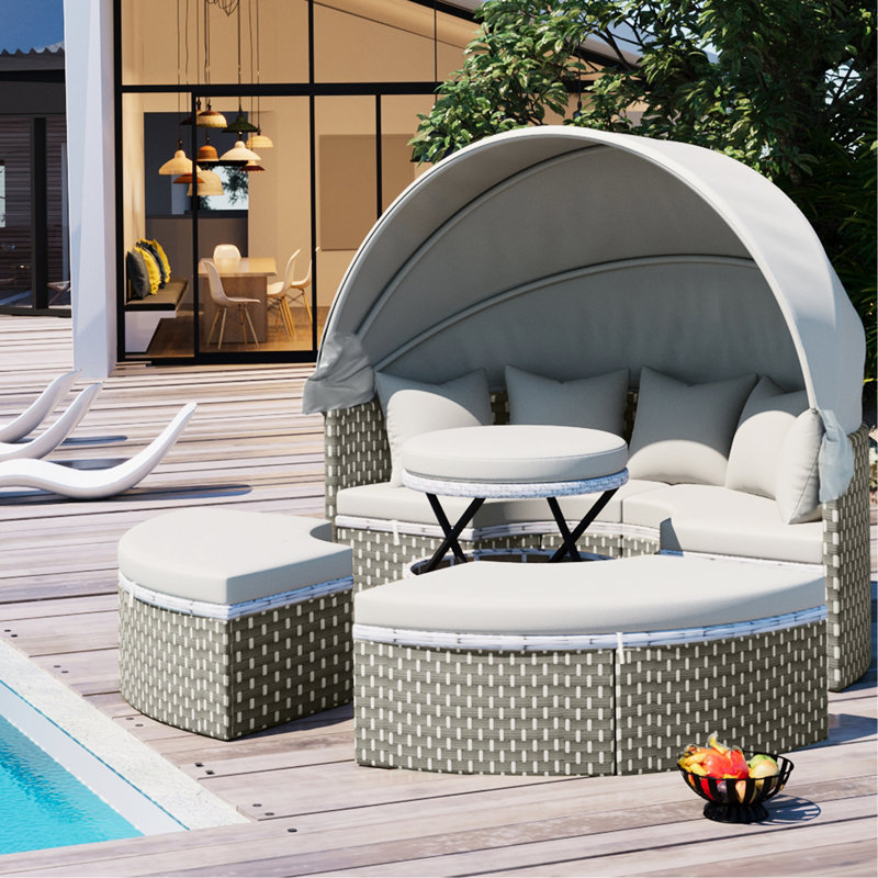 Lit de jour de patio gris avec PE, auvent rétractable, structure résistante aux intempéries, table réglable, tissage rond à deux tons pour l'extérieur confortable, structure en acier