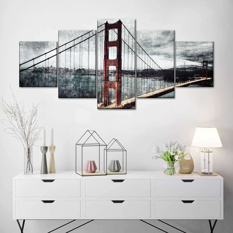 «Golden Gate Bridge Architecture», reproduction d'art sur toile 5 pièces, H 42 po x l 92 po x P 1,25 po