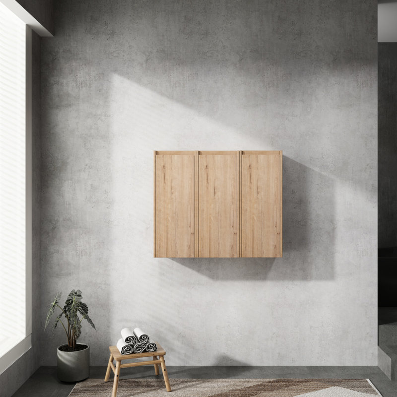 12" Bathroom Side Storage Cabinet, 3 Soft Close Doors, Wall Mounted, Modern Look Mounted And Spacious, Natural