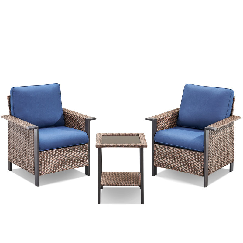 Ensemble de 3 chaises de patio en osier PE, ensemble de conversation en rotin toutes saisons pour terrasse de porche, ensemble de chaise bistro avec coussin et table d'appoint