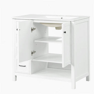 Meuble-lavabo avec comptoir d'évier, armoire de salle de bain avec tablette ouverte, deux portes et deux tiroirs