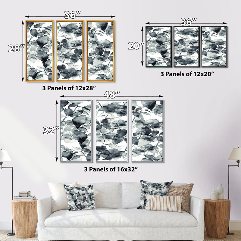 Branches et feuilles monochromes - reproduction sur toile flottante 3 pièces, H 20 po x l 36 po x P 1 po, Cadre blanc