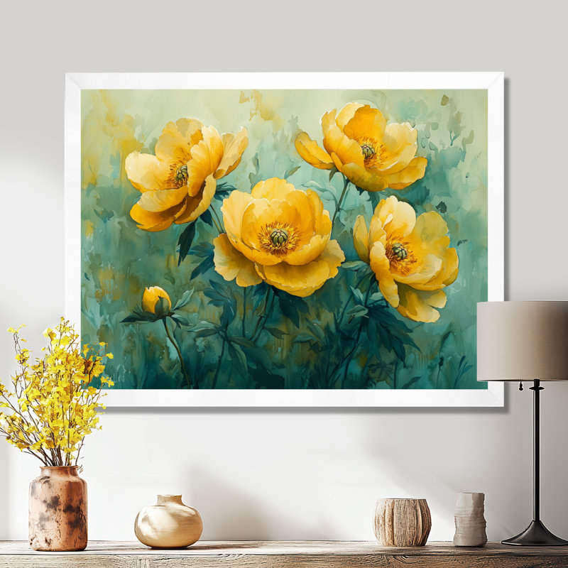 Art mural mural vert pivoines jaunes douces I - pivoines, H 30 po x l 40 po, Picture Framed, Blanc