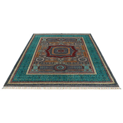 6x8 Gray and Light Blue Turkish Tribal Rug