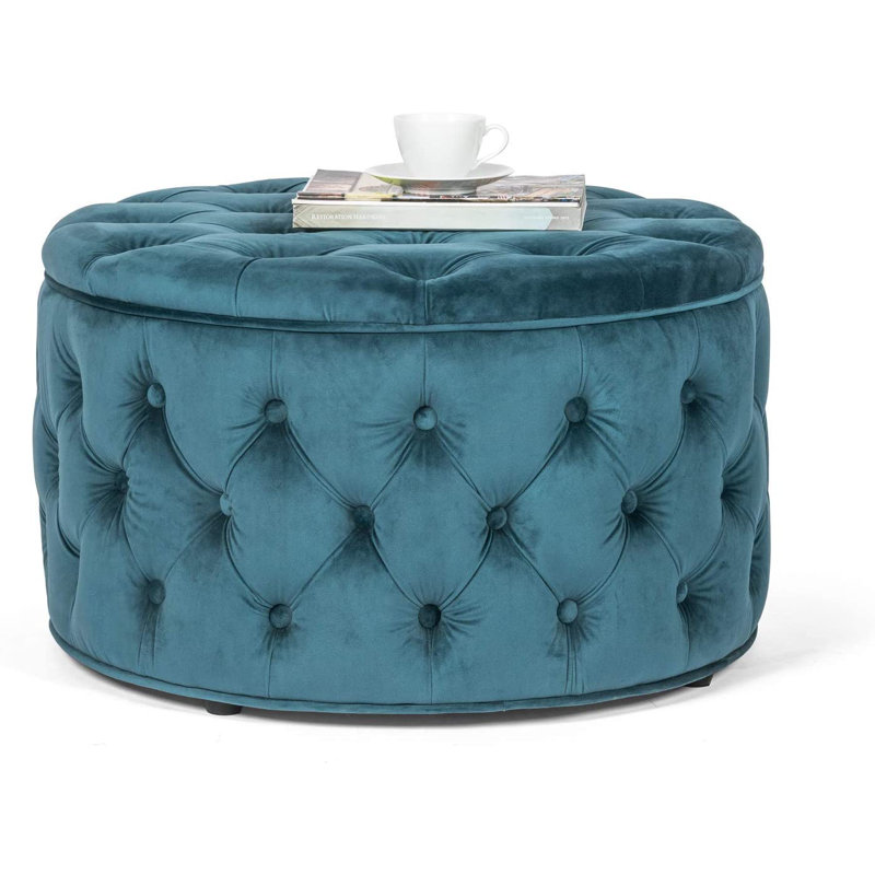 Dark Teal Velvet Tufted Round Storage Ottoman