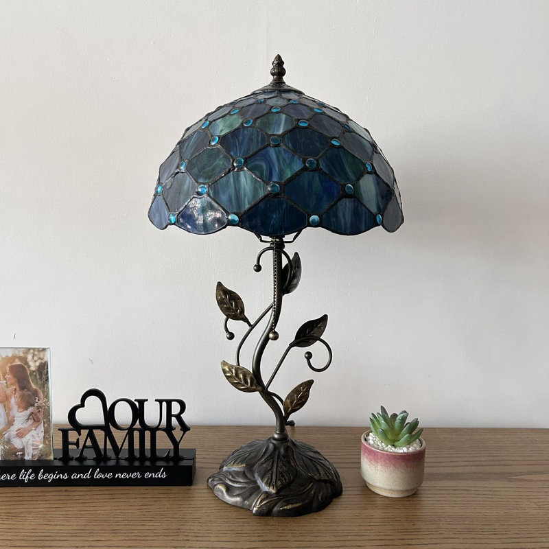 Blue Stained Glass Table Lamp with Bronze Metal Base