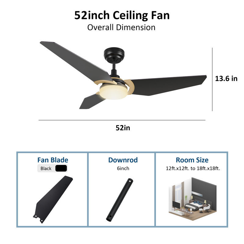Alcia 52'' Ceiling Fan with LED Lights, Black/Golden
