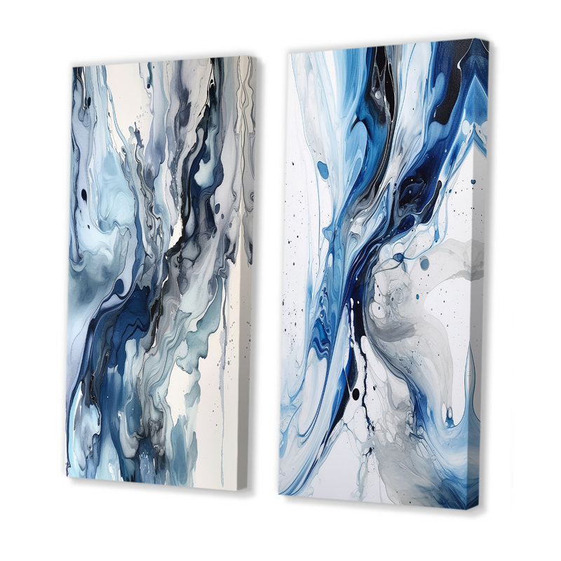 «Blue and Grey Ethereal Elixir II», ensemble d'art mural abstrait de 2 pièces, H 40 po x l 40 po, Toile tendue