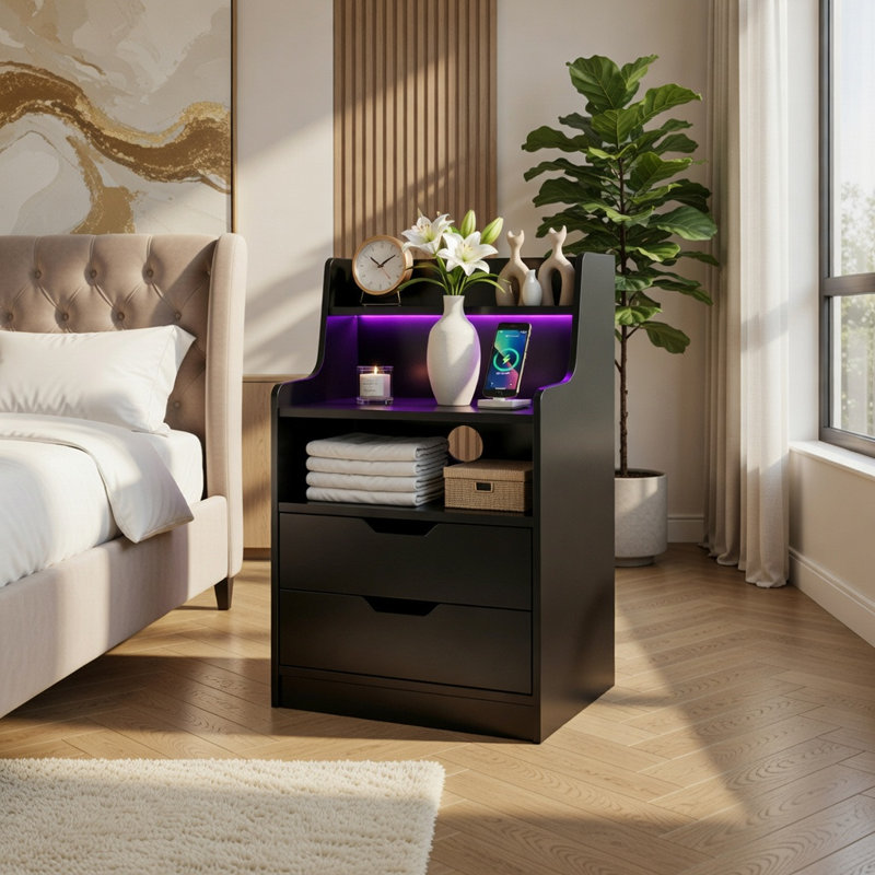 Table de chevet moderne à DEL avec station de charge sans fil, lumière RVB et prises USB-C / USB / CA, table de chevet de chambre à coucher, noir