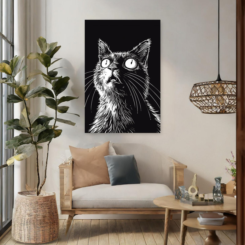 Art mural contemporain chat étonné, 48" H x 32" W