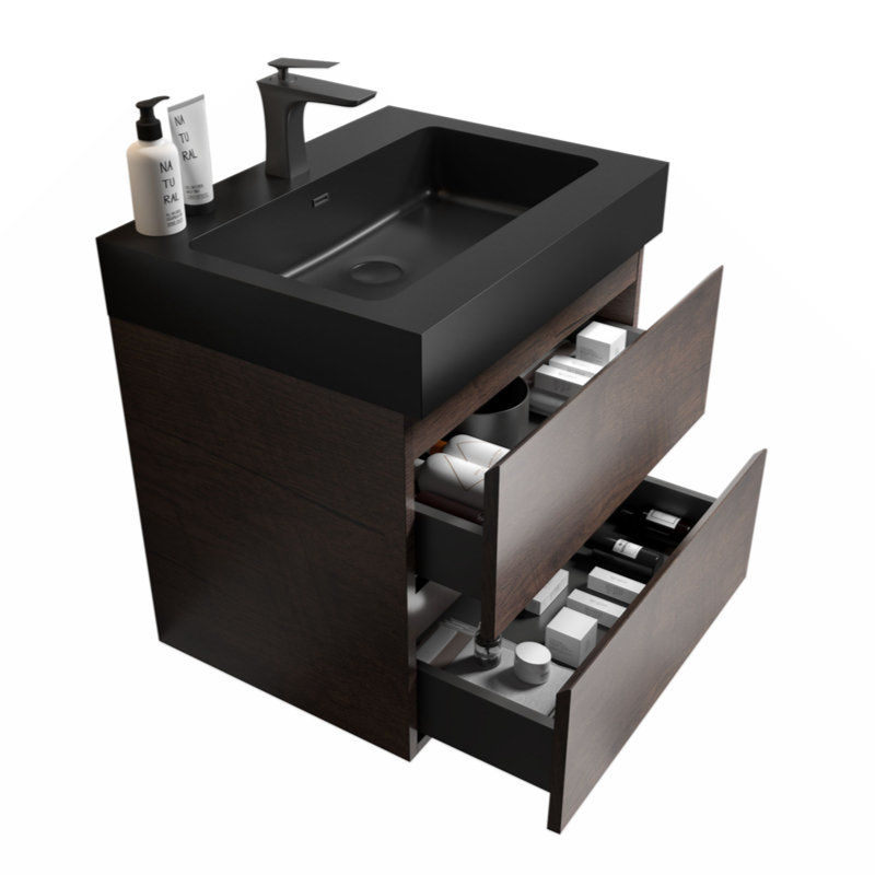 Meuble-lavabo simple mural 24 po avec plateau en mélamine Connon, Noyer / noir