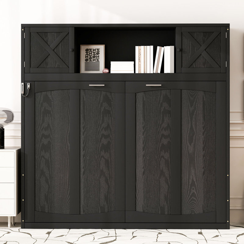 Queen Size Murphy Wall Bed with Built-in Storage Cabinets, Space-Saving Platform Bed, Black, Black