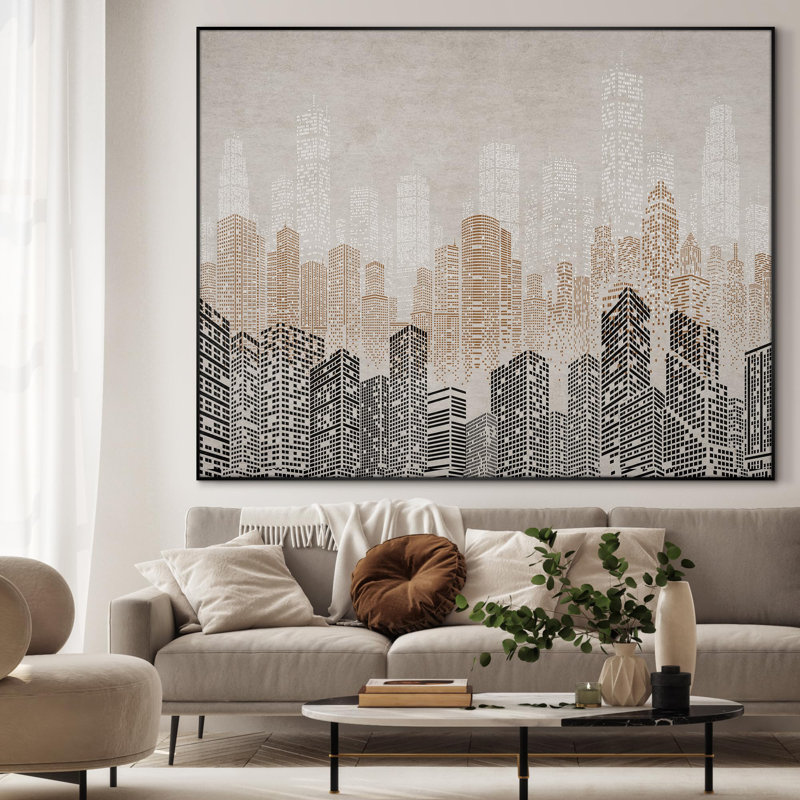 Très grand paysage urbain moderne et urbain en beige et noir, très grande impression murale encadrée (assemblage requis)