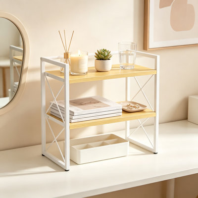 Desktop Shelf Organizer, 2 Tier Wood Desk Storage Rack, Freestanding Display Shelf with Sturdy Iron Frame and Non-Slip Base for Office, Home, Dorm, Bedroom, Kitchen, Bathroom