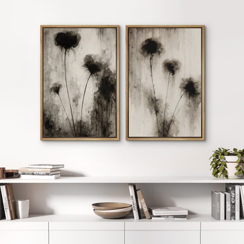 Fleurs abstraites murales, ensemble de 2 reproductions d'art sur toile encadrées, H 36 po x l 48 po, Naturel