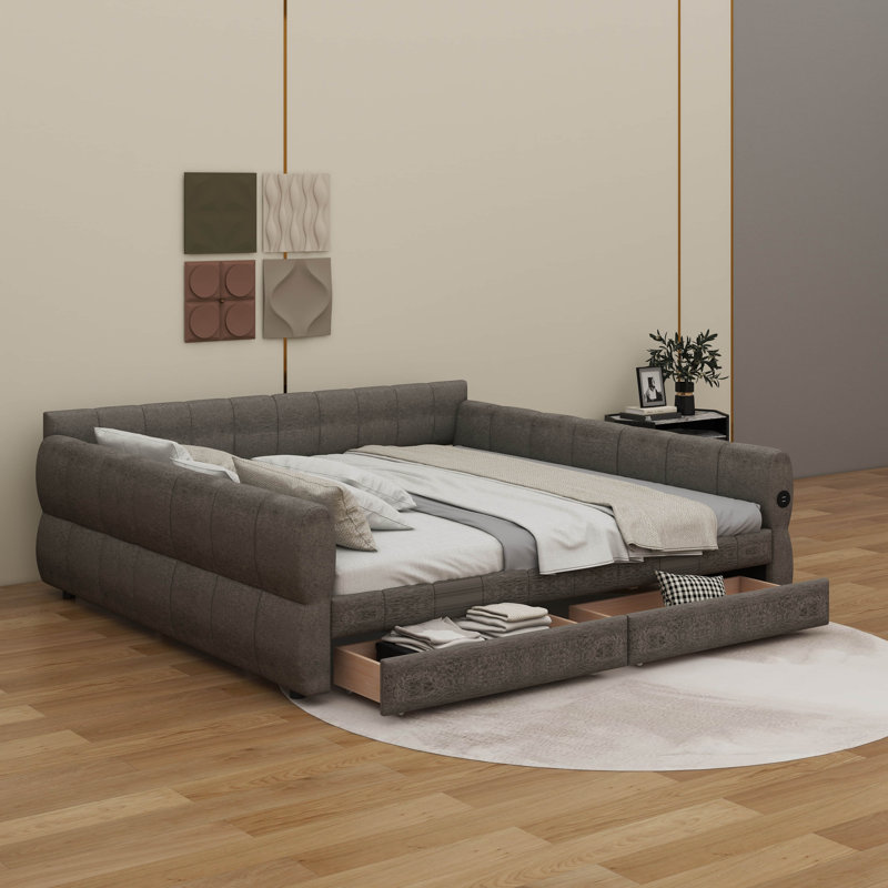 King Size Daybed Equipped With 2 Drawers For Storage, Upholstered Daybed With USB, Platform Bed Suitable For Bedroom, Gray