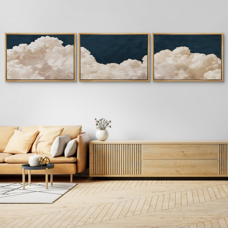 Illustration de nuages duveteux - 3 pièces, H 16 po x l 24 po, Encadré naturel