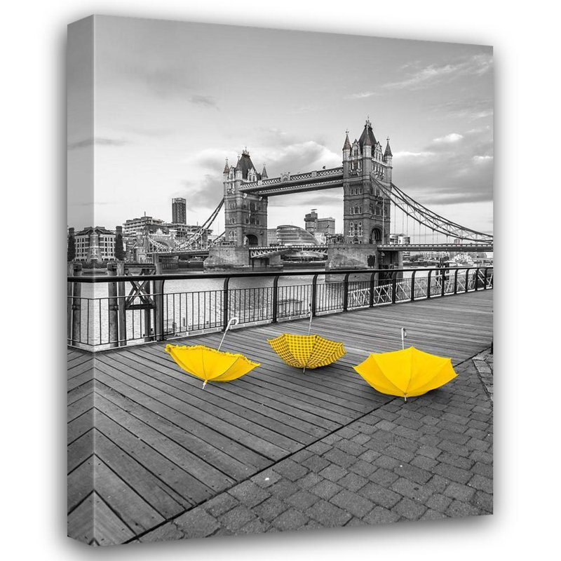 «Latitude Run® Frank», art sur toile tendue par la galerie Assaf: Parapluies jaunes, Tower Bridge, Londres, H 47 po x l 36 po