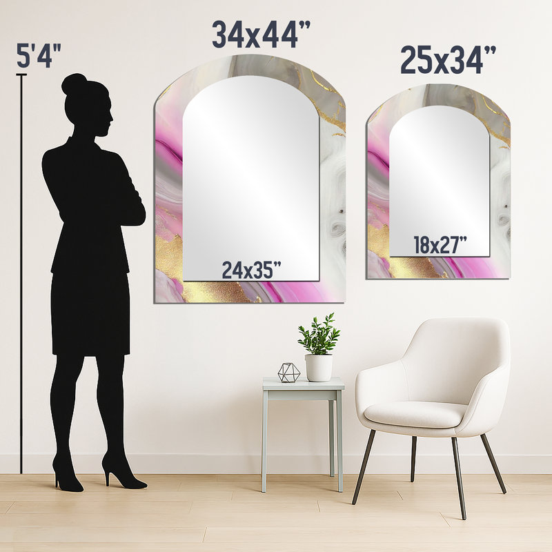 Abstrait de marbre rose et doré II - miroir asymétrique en marbre, miroir mural unique arche rose, impression d'art en métal