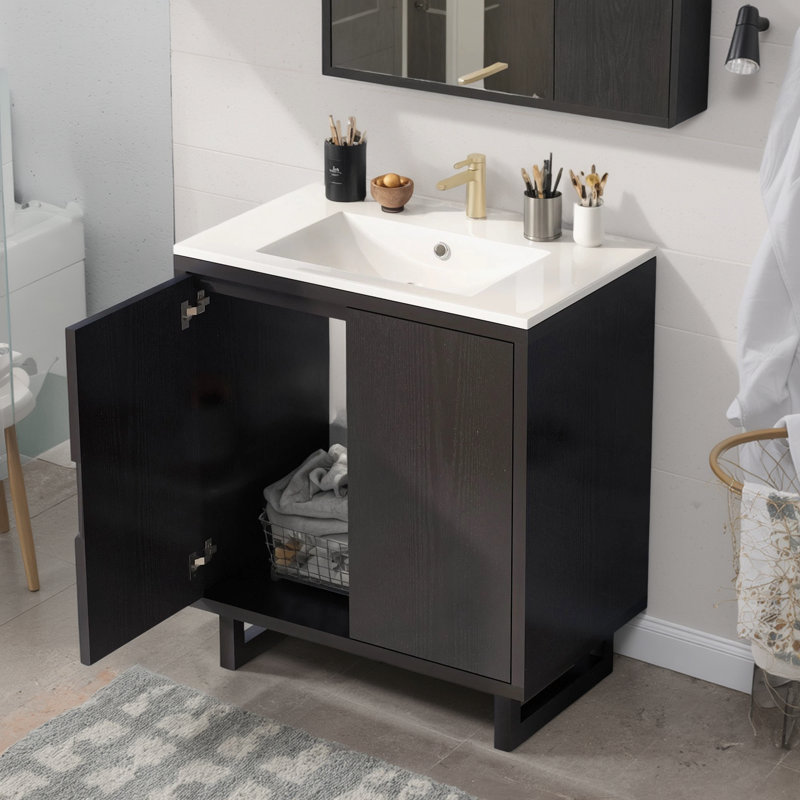 Ensemble de meuble-lavabo à cadre en bois massif 30 po (avec lavabo, armoire et rangement), Noir