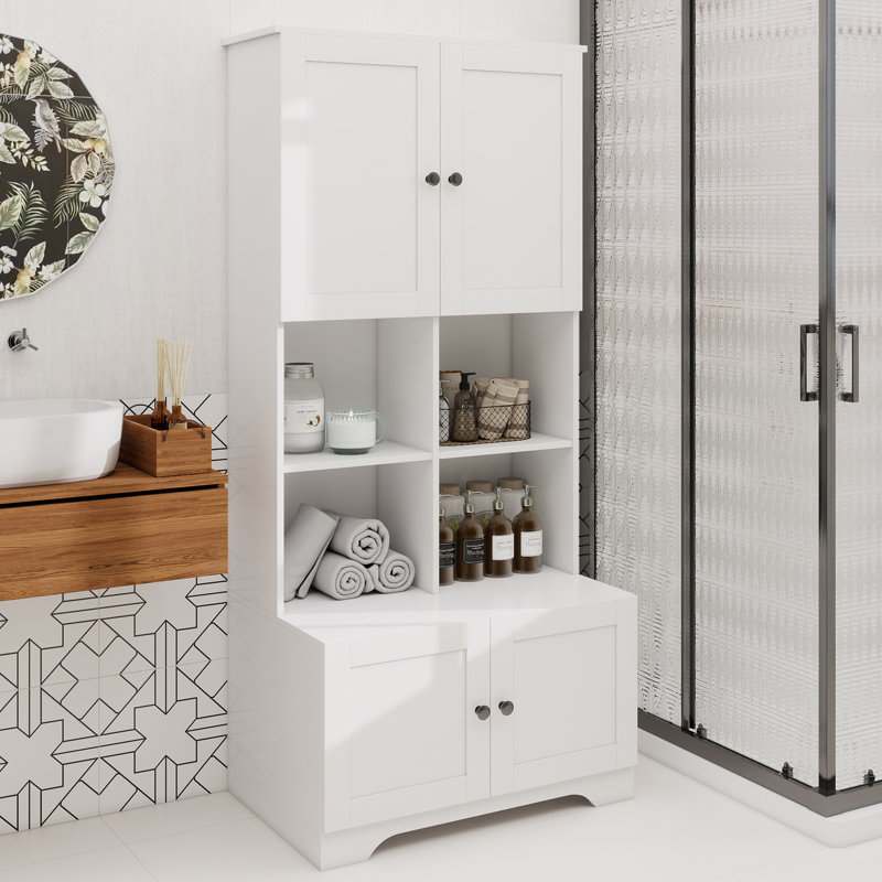 Armoire de rangement haute et large pour salle de bain, unité de rangement pour salle de bain, armoire autoportante avec 4 portes, tablettes réglables, tablettes ouvertes multicouches, blanc