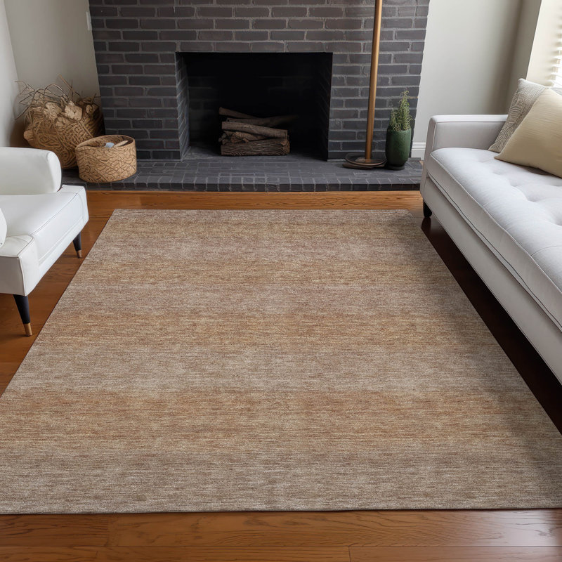 Machine Washable Beige Ombre Striped Synthetic Rug